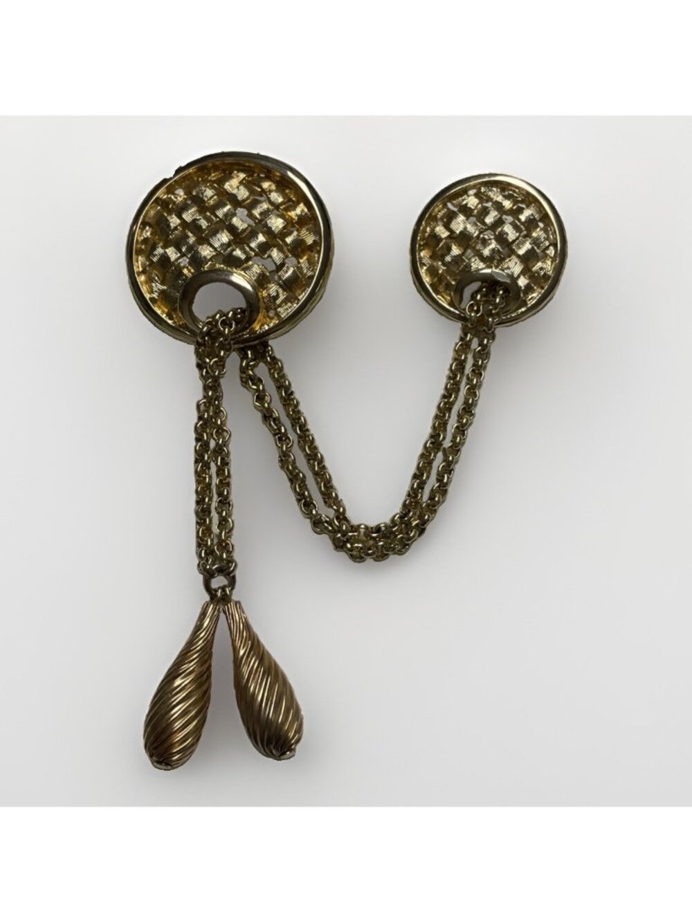 Vintage Double Brooch Signed Sarah Cov Pin Weaved Tassel Gold-Tone